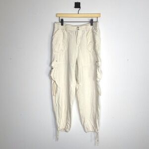 Anthropologie Cream Linen Utility Cargo Pants Drawstring Jogger Size Small